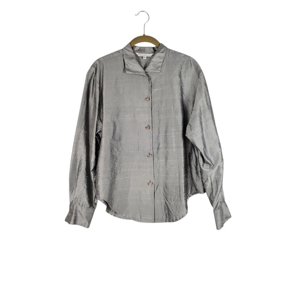 Connie Roberson Button Up Top Silver Dupioni Silk Long Sleeve Blouse Size Large